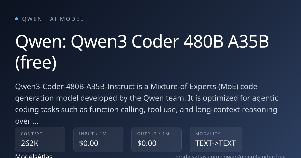 Qwen: Qwen3 Coder 480B A35B (free) pricing, context window, and ...