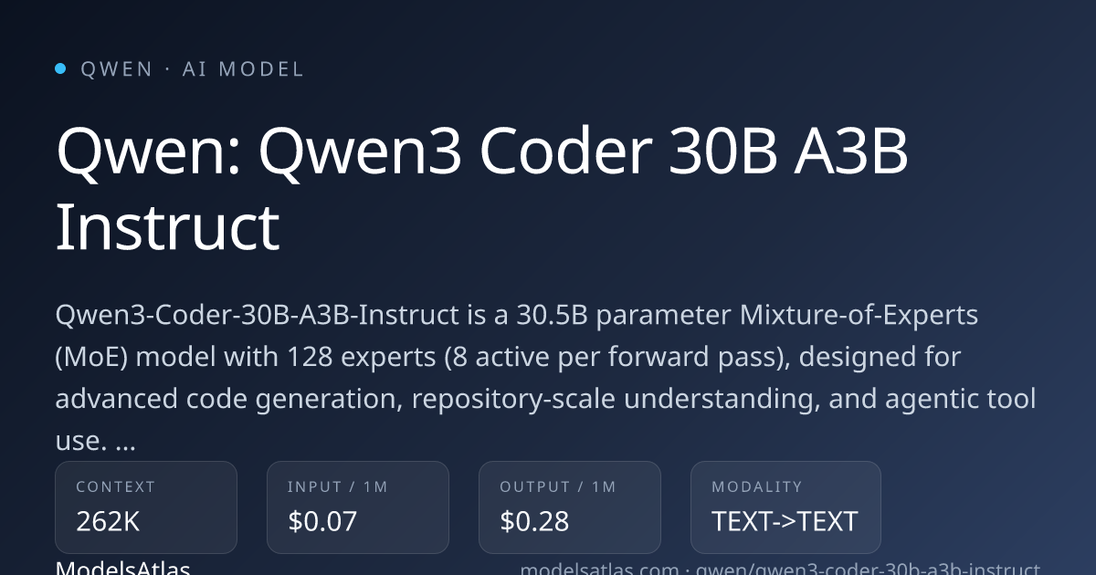 Qwen: Qwen3 Coder 30B A3B Instruct pricing, context window, and ...